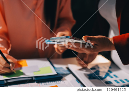 Young Asian business creative team work together, mobile application software design project. Brainstorm meeting, internet technology, smartphone web app designer, office coworker teamwork concept 120461525