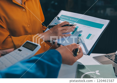 ESG environmental social governance display on laptop on eco-friendly company meeting with business people implementing environmental protection for clean and sustainable future ecology. Trailblazing 120461587