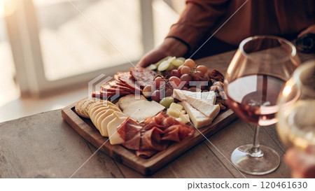 close up of woman with wine and cheese 120461630