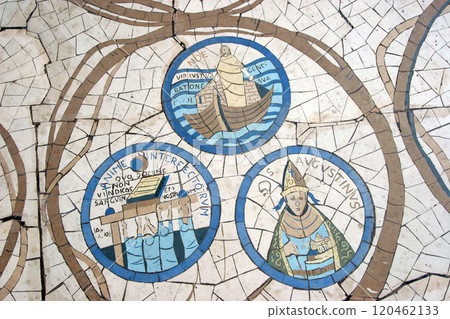 Floor mosaic in front of the Church of the Beatitudes, the traditional place where Jesus gave the Sermon on the Mount, Galilee, Israel 120462133