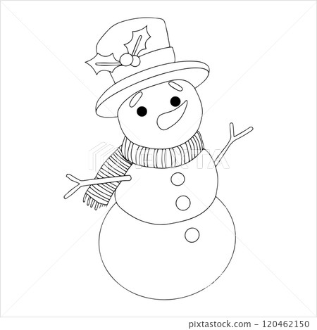 coloring book. cute vector illustration, christmas snowman. funny character, doodle coloring book. cute vector illustration, christmas snowman. funny character, doodle 120462150
