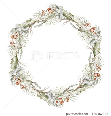 Christmas watercolor wreath with Holly berries and leaves. Hand drawn Illustration of circular Frame on isolated background. Botanical border for holiday invitations and Xmas greeting cards. 120462185