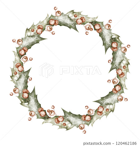 Christmas watercolor wreath with Holly berries and leaves. Hand drawn Illustration of circular Frame on isolated background. Botanical border for holiday invitations and Xmas greeting cards. Christmas watercolor wreath with Holly berries and leaves. Hand drawn Illustration of circular Frame on isolated background. Botanical border for holiday invitations and Xmas greeting cards. 120462186