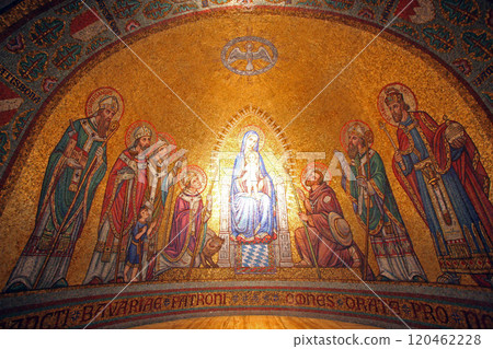 Mosaic of Madonna among the saints over a side altar inside the the Church of the Benedictine Abbey of the Dormition, Mount Zion, Jerusalem, Israel Mosaic of Madonna among the saints over a side altar inside the the Church of the Benedictine Abbey of the Dormition, Mount Zion, Jerusalem, Israel 120462228
