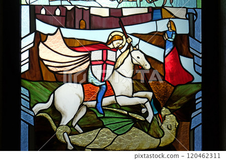 Saint George stained glass window in Mother Teresa cathedral in Vau i Dejes, Albania 120462311