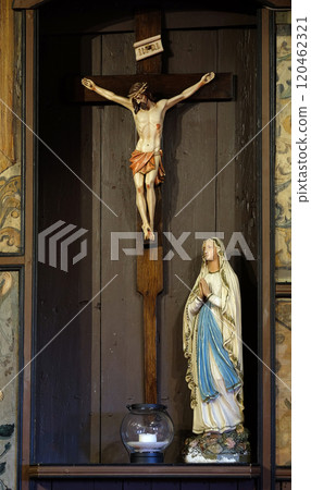 Virgin Mary under the Cross, altar in the Church of the Saint Barbara in Velika Mlaka, Croatia 120462321