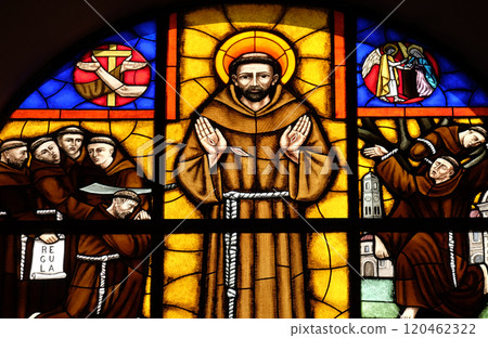 Saint Francis of Assisi, stained glass window in Franciscan church in Shkoder, Albania 120462322