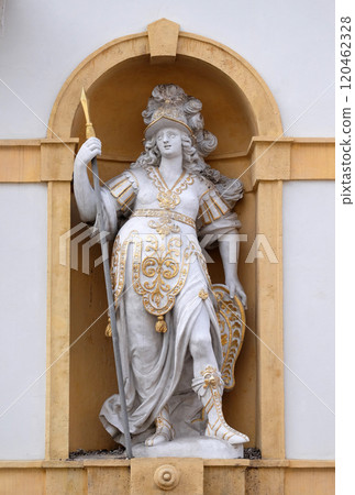 Minerva, Roman goddess of wisdom and sponsor of arts, trade, and strategy, Arsenal (Zeughaus) historic center listed as World Heritage by UNESCO in Graz, Austria 120462328