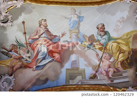 Saint James the Elder and Saint Judas Thaddeus, fresco by Matthaus Gunther in Benedictine monastery church in Amorbach, Germany Saint James the Elder and Saint Judas Thaddeus, fresco by Matthaus Gunther in Benedictine monastery church in Amorbach, Germany 120462329
