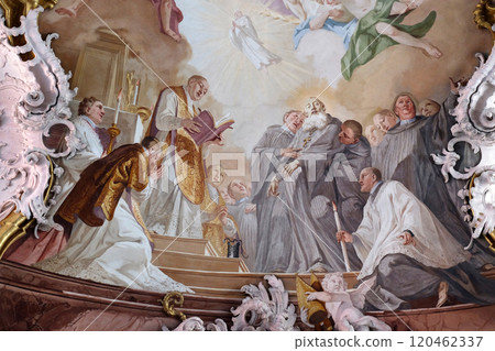 The death of Saint Benedict, fresco by Matthaus Gunther in Benedictine monastery church in Amorbach, Germany 120462337