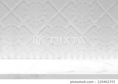 Marble Table with White Blurred Vintage Thai Sculpture Wall Background with Light Beam Marble Table with White Blurred Vintage Thai Sculpture Wall Background with Light Beam 120462355