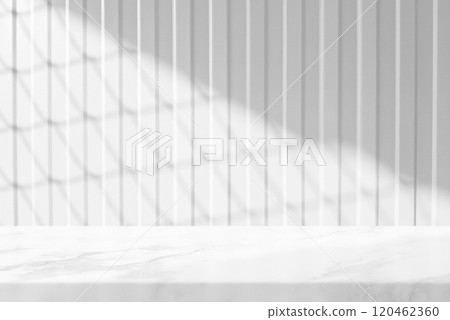 Marble Table with White Wall Texture Background with Light Beam and Mesh Fence Shadow 120462360