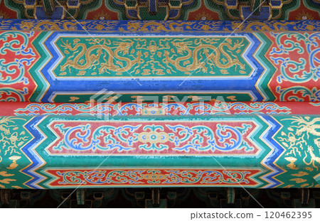 An ornate painted ceiling on a building in the Forbidden City in Beijing An ornate painted ceiling on a building in the Forbidden City in Beijing 120462395