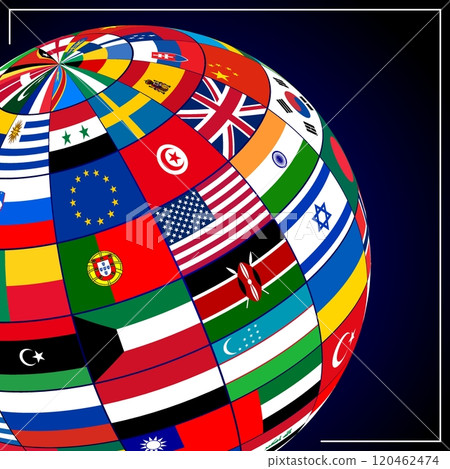 International sphere ball wrapped in flags of world. Square template for designing social international advertising. Vector illustration on night sky background International sphere ball wrapped in flags of world. Square template for designing social international advertising. Vector illustration on night sky background 120462474