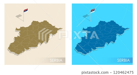 Serbia country flag installed on geographic positioning map point of country territory. Serbian commonwealth banner on land and sea. Festive patriotic HD format template for independence day 120462475