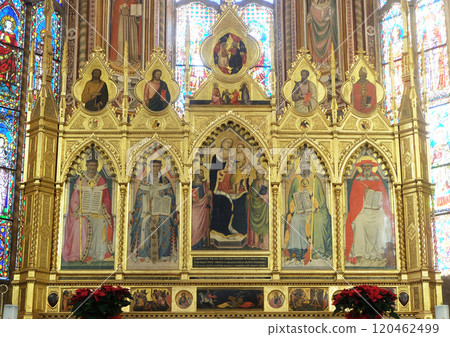 Madonna with the Child and the four Doctors of the Church - Polyptych of the high altar in the Basilica di Santa Croce (Basilica of the Holy Cross) - famous Franciscan church in Florence, Italy Madonna with the Child and the four Doctors of the Church - Polyptych of the high altar in the Basilica di Santa Croce (Basilica of the Holy Cross) - famous Franciscan church in Florence, Italy 120462499