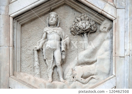 Hercules and Cacus from the workshop of Andrea Pisano, Relief on Giotto Campanile of Cattedrale di Santa Maria del Fiore (Cathedral of Saint Mary of the Flower), Florence, Italy Hercules and Cacus from the workshop of Andrea Pisano, Relief on Giotto Campanile of Cattedrale di Santa Maria del Fiore (Cathedral of Saint Mary of the Flower), Florence, Italy 120462508