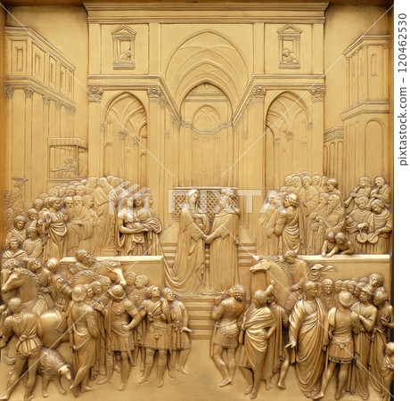 Florence cathedral, Baptistry of Saint John, Gates of Paradise, Queen of Sheba and King Solomon, Florence, Italy 120462530