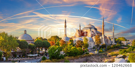 Famous Hagia Sophia Mosque of Istanbul, beautiful sunset panorama, Turkey 120462668