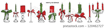 Merry Christmas candle doodle illustration, vector winter holiday traditional vintage candleholder.  120462727