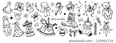 Christmas traditional vintage toys set, New Year hand drawn kids present vector doodles, teddy bear. 120462728
