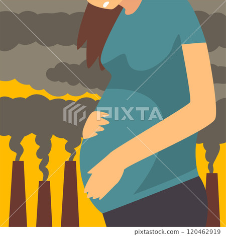 Pregnant Woman Suffering from Fine Dust, Industrial Smog, Woman on Background of Industrial Landscape and Clouds of Smoke Vector Illustration 120462919
