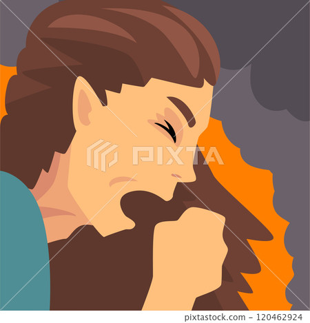 Woman Coughing Because Suffering from Fine Dust, Industrial Smog, Industry Air Pollution, Vector Illustration Woman Coughing Because Suffering from Fine Dust, Industrial Smog, Industry Air Pollution, Vector Illustration 120462924