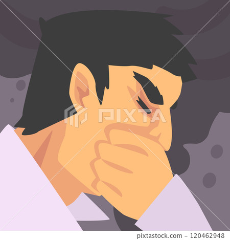 Man Suffering from Fine Dust, Industrial Smog, Environmental Air Pollution, Vector Illustration Man Suffering from Fine Dust, Industrial Smog, Environmental Air Pollution, Vector Illustration 120462948
