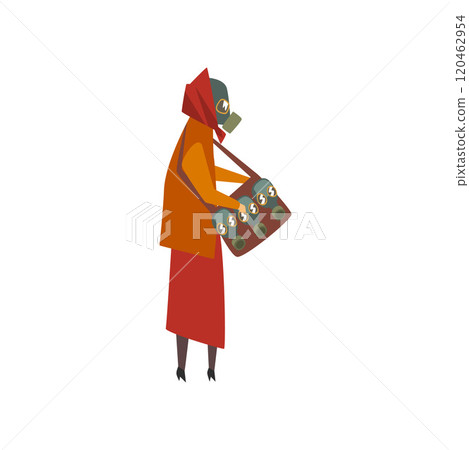 Woman Wearing Protective Gas Mask Walking in City, People Suffering from Industrial Smog Vector Illustration Woman Wearing Protective Gas Mask Walking in City, People Suffering from Industrial Smog Vector Illustration 120462954