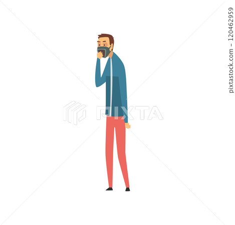 Man Wearing Respirator Protective Mask, Guy Suffering from Industrial Smog Vector Illustration Man Wearing Respirator Protective Mask, Guy Suffering from Industrial Smog Vector Illustration 120462959
