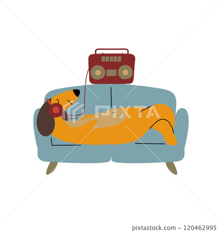 Purebred Brown Dachshund Dog Lying on Sofa and Listening Music with Headphones, Funny Playful Pet Animal Cartoon Character Vector Illustration 120462995
