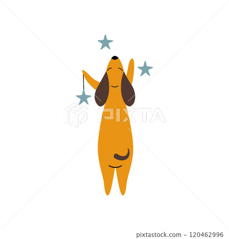 Purebred Brown Dachshund Dog with Stars, Funny Playful Pet Animal Cartoon Character Standing on Two Legs, Back View Vector Illustration Purebred Brown Dachshund Dog with Stars, Funny Playful Pet Animal Cartoon Character Standing on Two Legs, Back View Vector Illustration 120462996