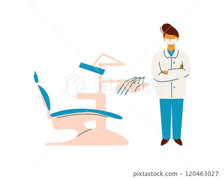 Professional Doctor Standing Next to Dentist Chair, Medicine Professional Character in Uniform Vector Illustration 120463027