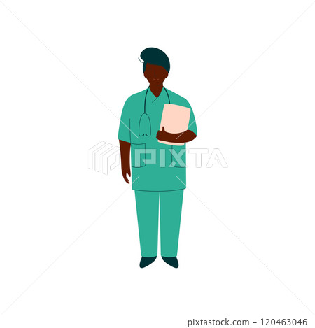 Professional African American Doctor Character with Stethoscope, Female Worker of Medical Clinic or Hospital in Uniform Vector Illustration 120463046