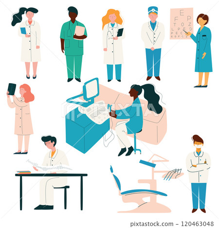Doctors and Nurses Medical Staff Set, Hospital Workers in Uniform, Dentist, Ophthalmologist, Therapist, Nurse Vector Illustration 120463048