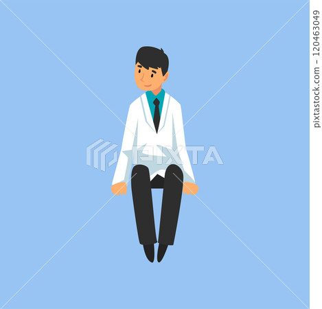 Male Professional Doctor Character in Sitting Pose, Worker of Medical Clinic or Hospital in White Lab Coat Vector Illustration 120463049