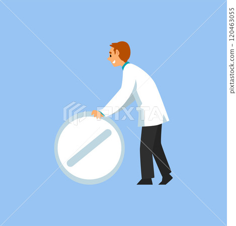 Male Professional Doctor Character with Big Pill, Worker of Medical Clinic or Hospital in White Lab Coat Vector Illustration Male Professional Doctor Character with Big Pill, Worker of Medical Clinic or Hospital in White Lab Coat Vector Illustration 120463055