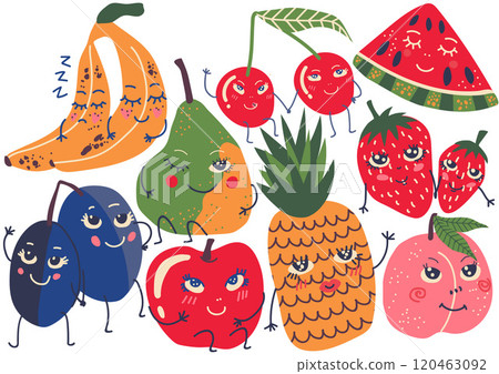 Funny Fruit Characters Set, Banana, Plum, Pear, Cherry, Pineapple, Strawberry, Peach, Watermelon Vector Illustration 120463092