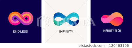 Set of Infinity logos, mobius ribbon symbols, icons. Infinity 3D, modern minimalist style. Colorful Set of Infinity logos, mobius ribbon symbols, icons. Infinity 3D, modern minimalist style. Colorful 120463196