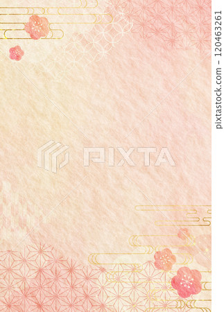 Pink plum and Japanese pattern watercolor style New Year's card Japanese paper background 120463261
