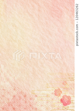 粉紅梅花與日本圖案水彩風格新年賀卡日本紙背景 120463262