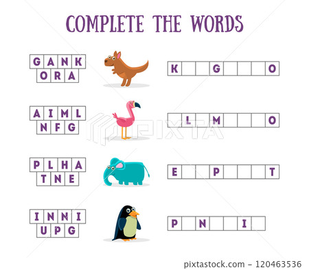 Complete The Words, Educational Game for Kids, Kangaroo, Flamingo, Elephant, Penguin Vector Illustration 120463536