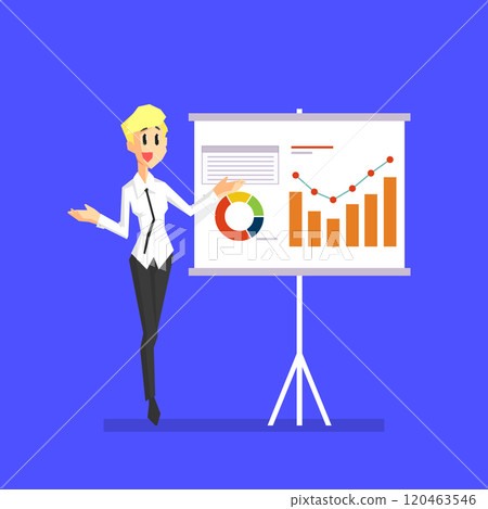 Smiling Businesswoman Explaining Information Graphics on Flip Chart, Female Office Character Vector Illustration 120463546