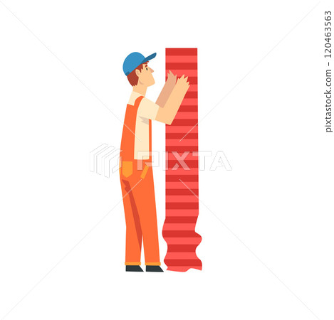 Professional Builder Glueing Wallpapers, Male Construction Worker Character in Orange Overalls and Blue Cap with Professional Equipment Vector Illustration 120463563