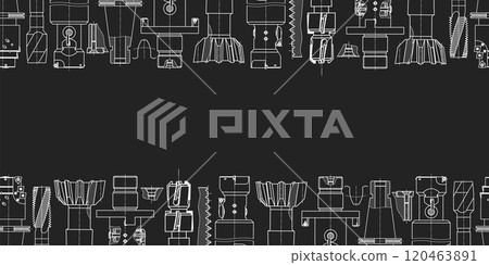 Mechanical engineering drawings on black background. Tap tools, borer. Technical Design. Cover. Blueprint. Seamless pattern. Vector illustration. 120463891