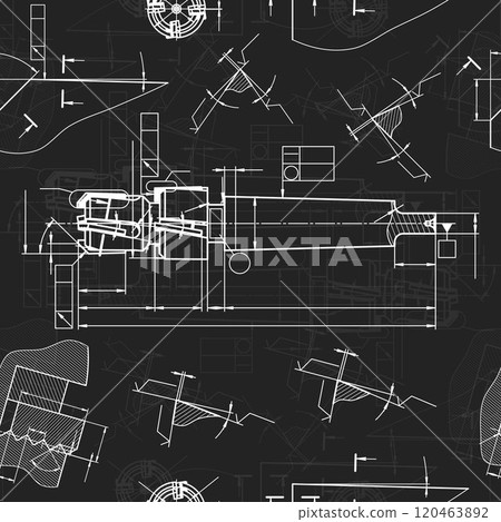 Mechanical engineering drawings on black background. Tap tools, borer. Technical Design. Cover. Blueprint. Seamless pattern. Vector illustration. 120463892