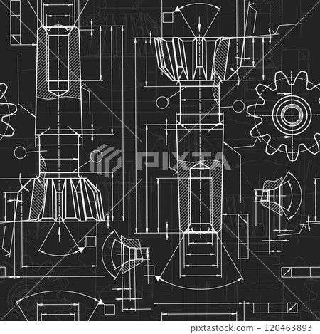 Mechanical engineering drawings on black background. Tap tools, borer. Technical Design. Cover. Blueprint. Seamless pattern. Vector illustration. 120463893