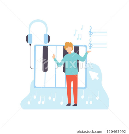 Male Musician Creating Music Content, Technology Process of Software Development, Social Media Marketing Vector Illustration Male Musician Creating Music Content, Technology Process of Software Development, Social Media Marketing Vector Illustration 120463992