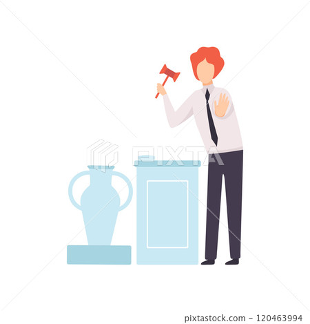 Man with Gavel Standing Behind Special Stand and Announcing Price, Auctioneer Selling Ancient Vase Vector Illustration Man with Gavel Standing Behind Special Stand and Announcing Price, Auctioneer Selling Ancient Vase Vector Illustration 120463994