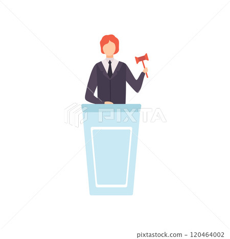 Man with Gavel Standing Behind Special Stand and Announcing Price Vector Illustration Man with Gavel Standing Behind Special Stand and Announcing Price Vector Illustration 120464002